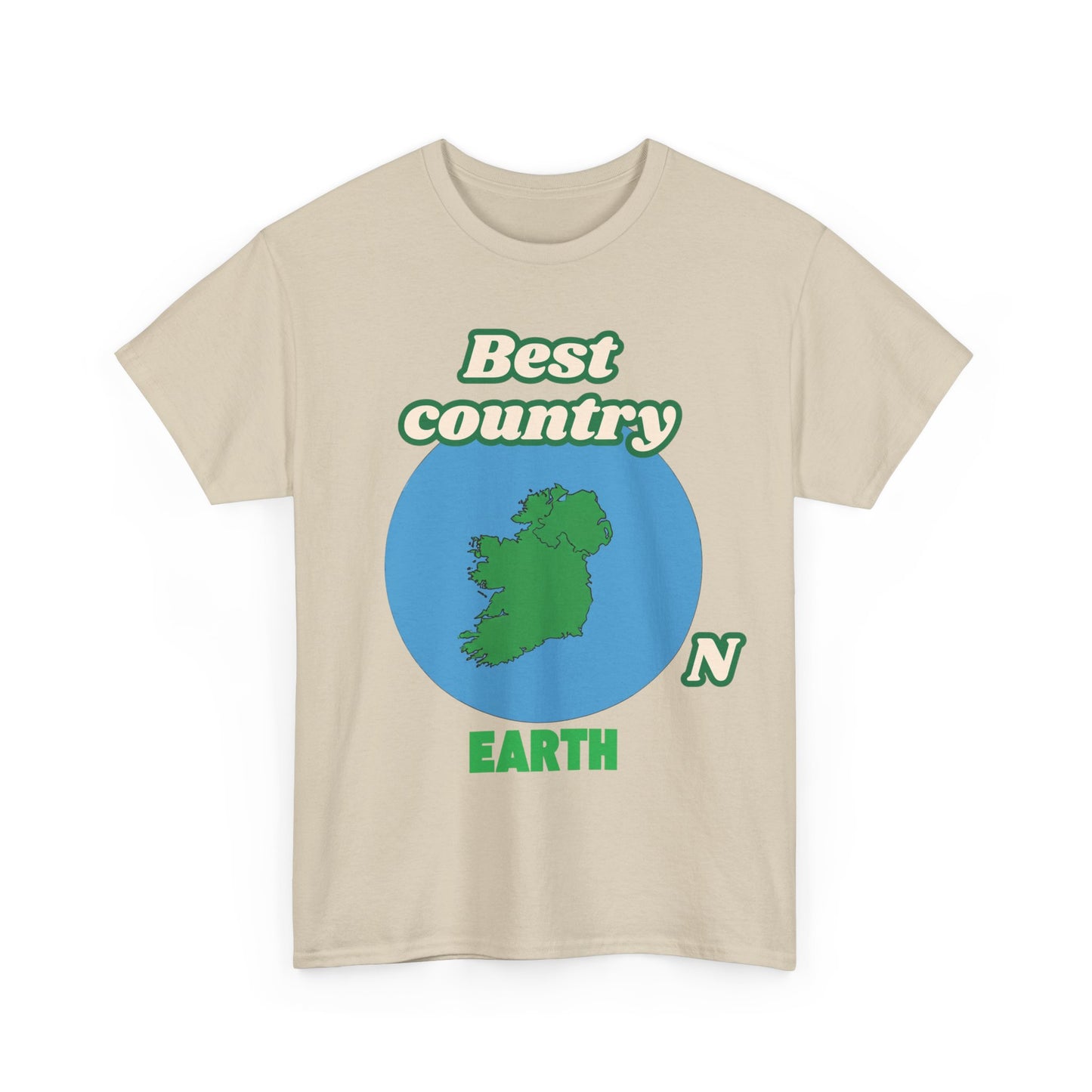 Beige t-shirt with a graphic of Ireland and text 'Best country Earth' on a white background