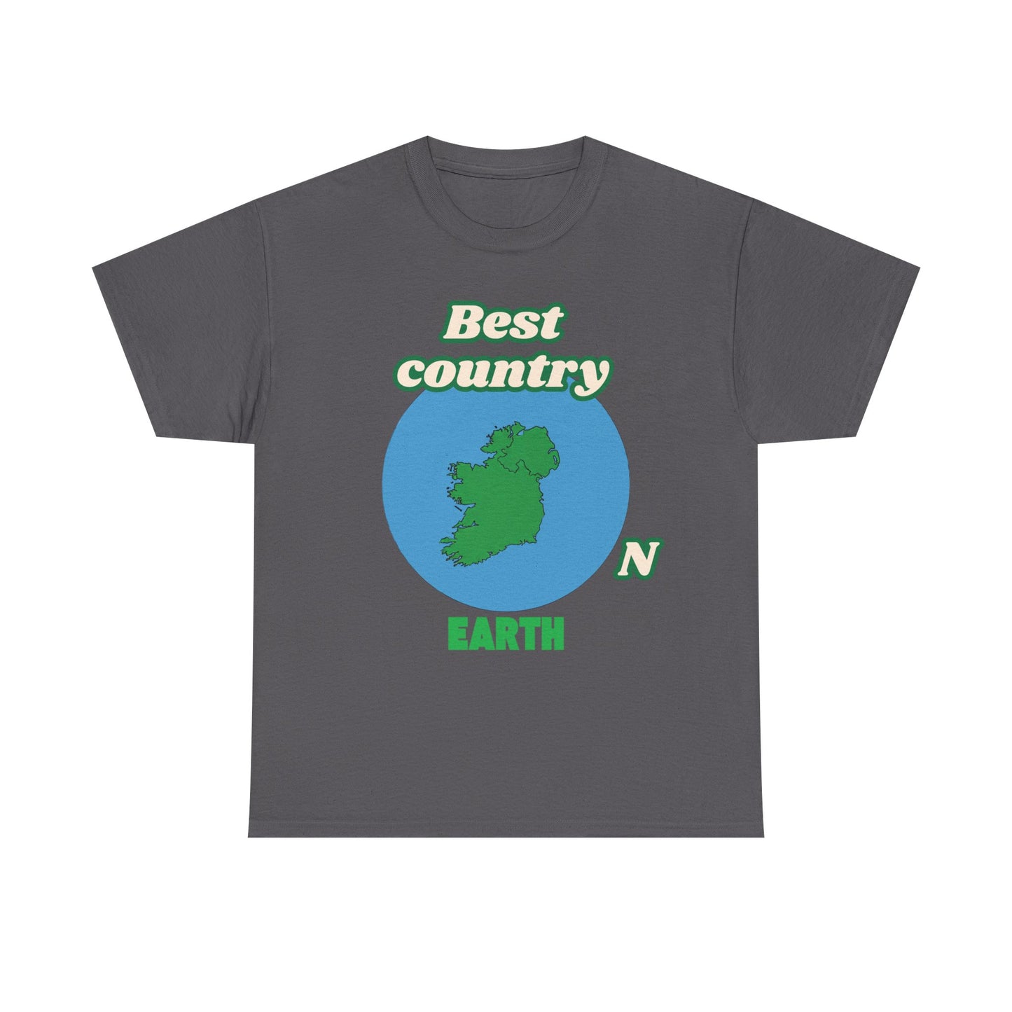 Gray t-shirt with green and blue graphic design on a white background