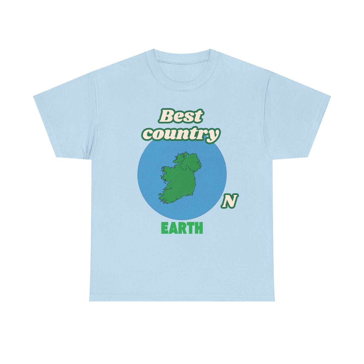 Light blue t-shirt with green and blue graphic design on a white background