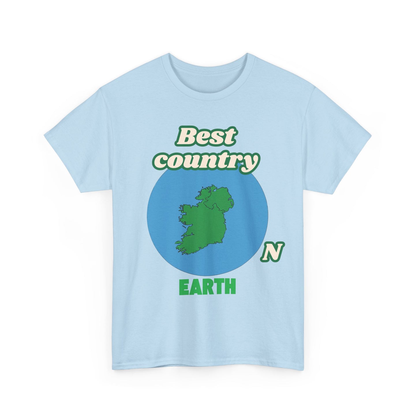 Light blue t-shirt with green and blue graphics and text on a white background
