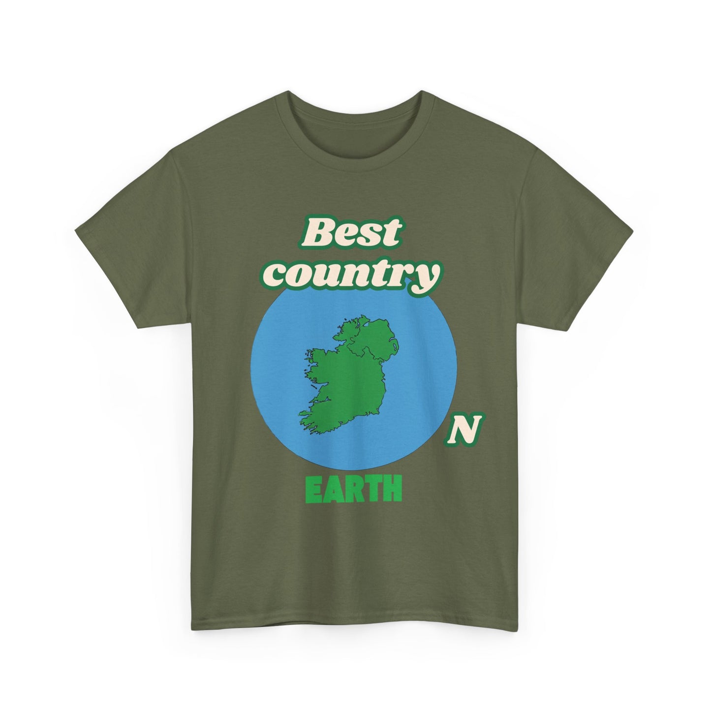 Green t-shirt with a map of Ireland and text on a white background