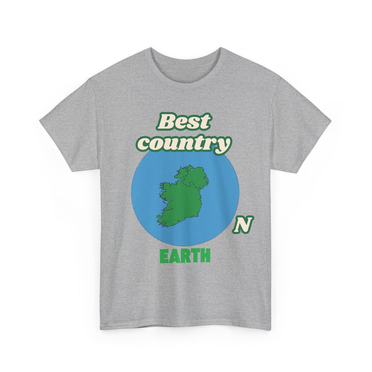 Gray t-shirt with a graphic of Ireland and text 'Best country Earth' on a white background