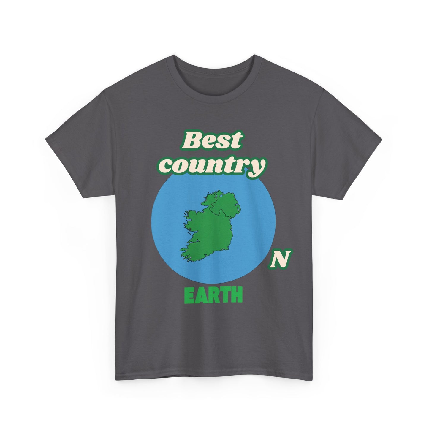 Gray t-shirt with a graphic of Ireland and text 'Best country Earth' on a white background