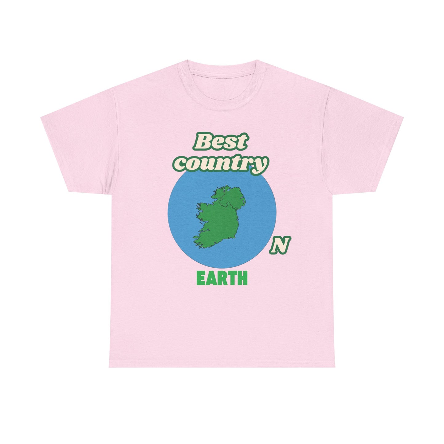 Pink t-shirt with a graphic of Ireland on Earth and text 'Best country on Earth' on a white background