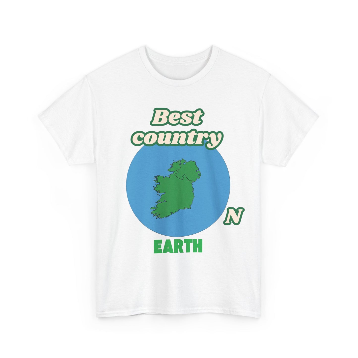 White t-shirt with green and blue Ireland graphic design on a white background