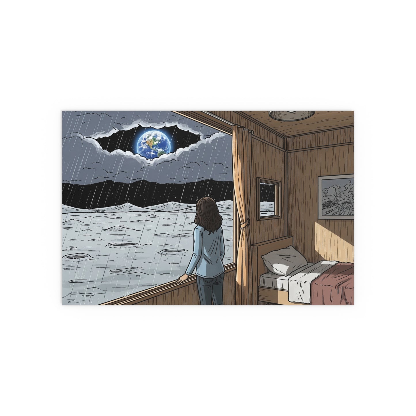 Cartoon of a person looking out a window at a stormy sky with Earth visible.