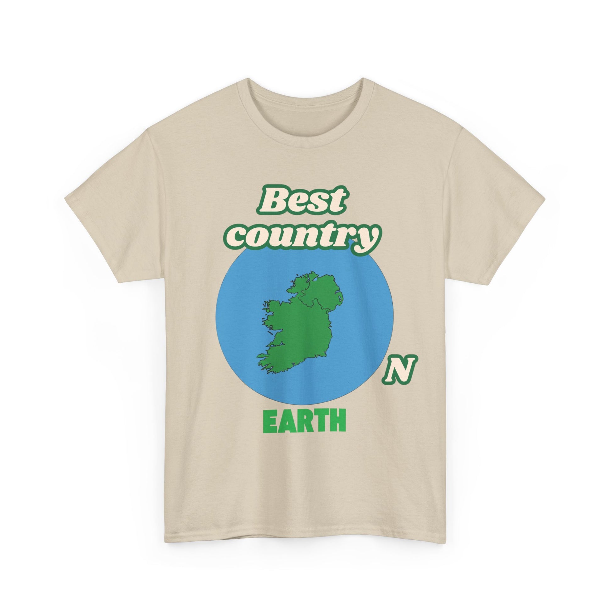 Beige t-shirt with a graphic of Ireland and text 'Best country Earth' on a white background