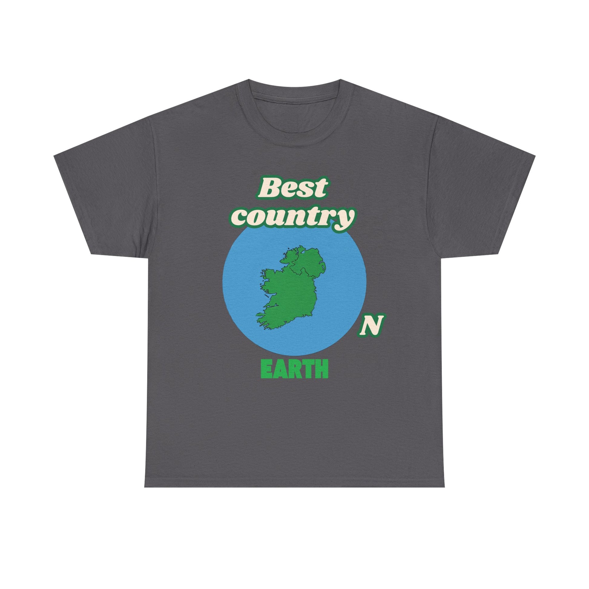 Gray t-shirt with green and blue graphic design on a white background