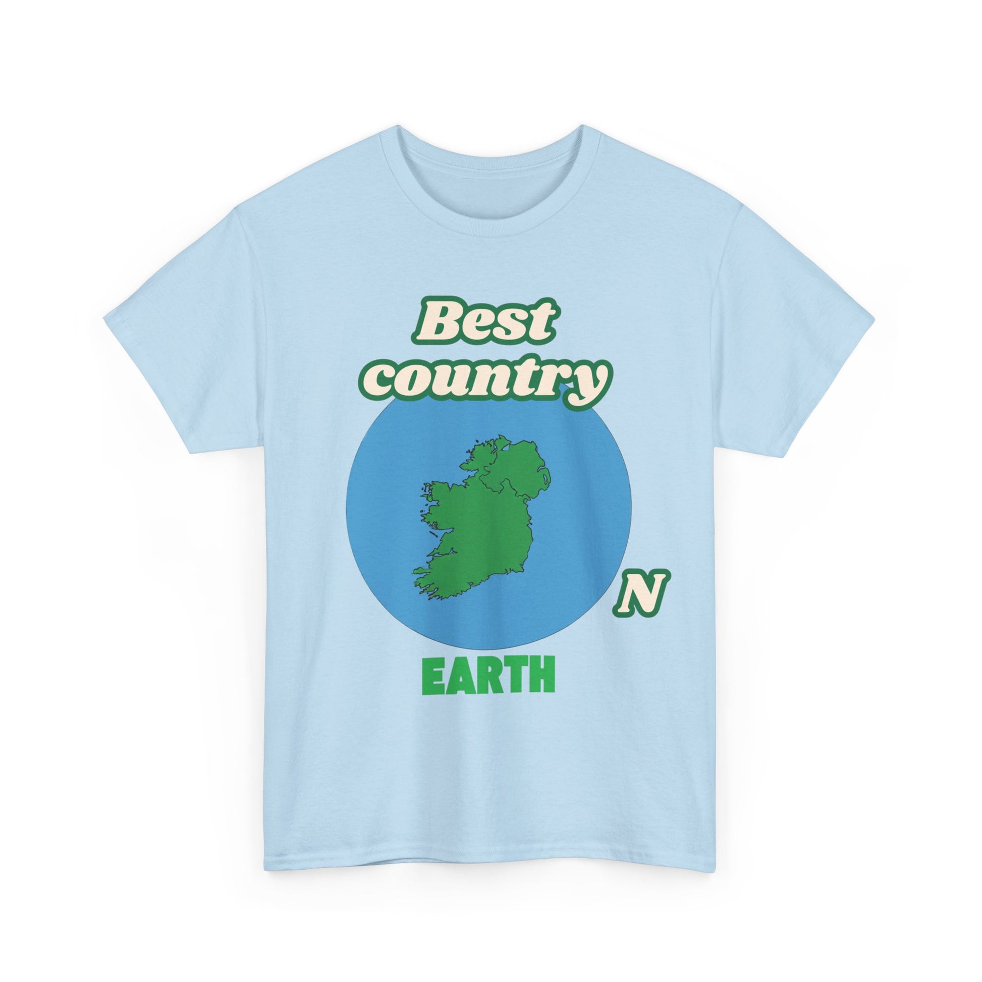 Light blue t-shirt with green and blue graphics and text on a white background