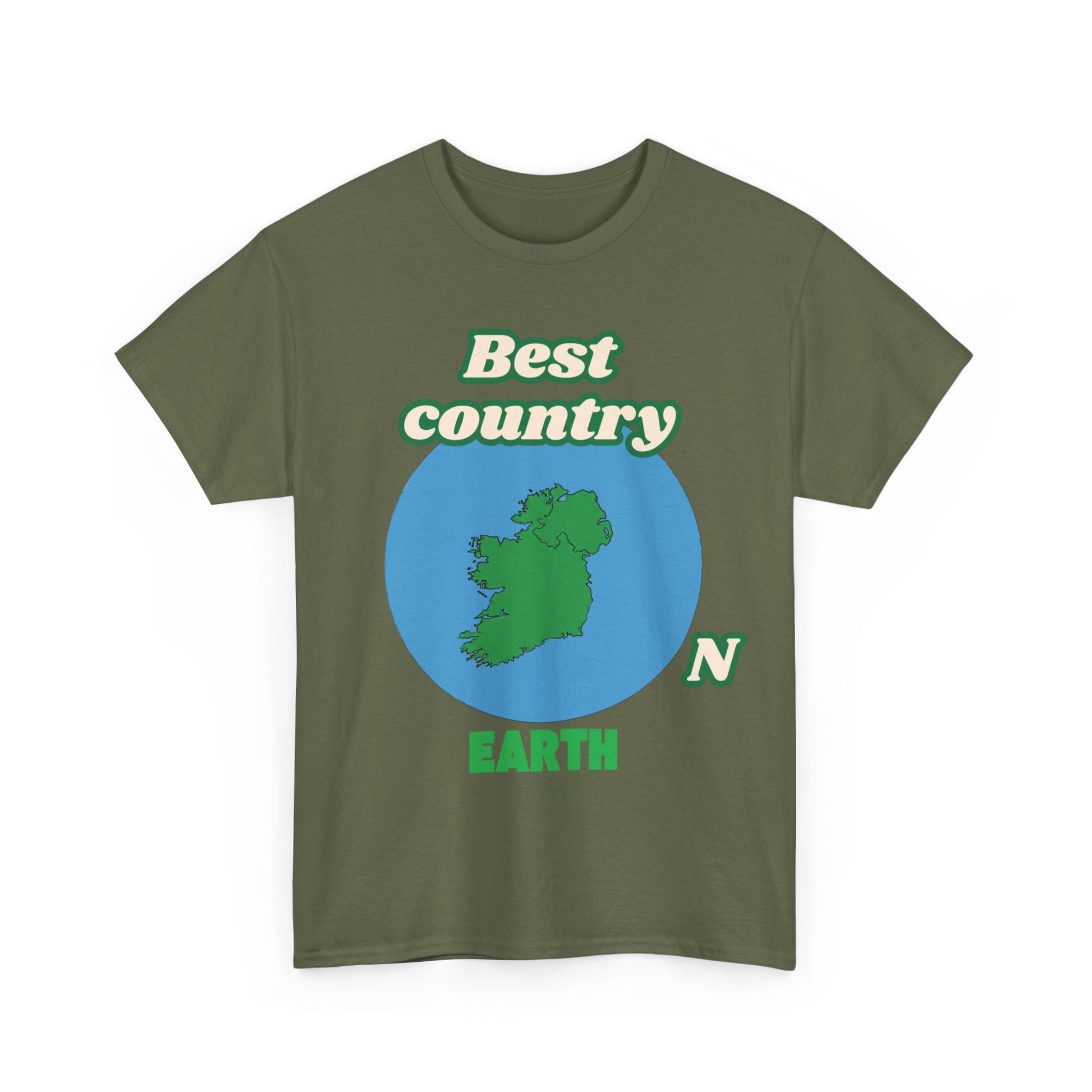 Green t-shirt with a map of Ireland and text on a white background