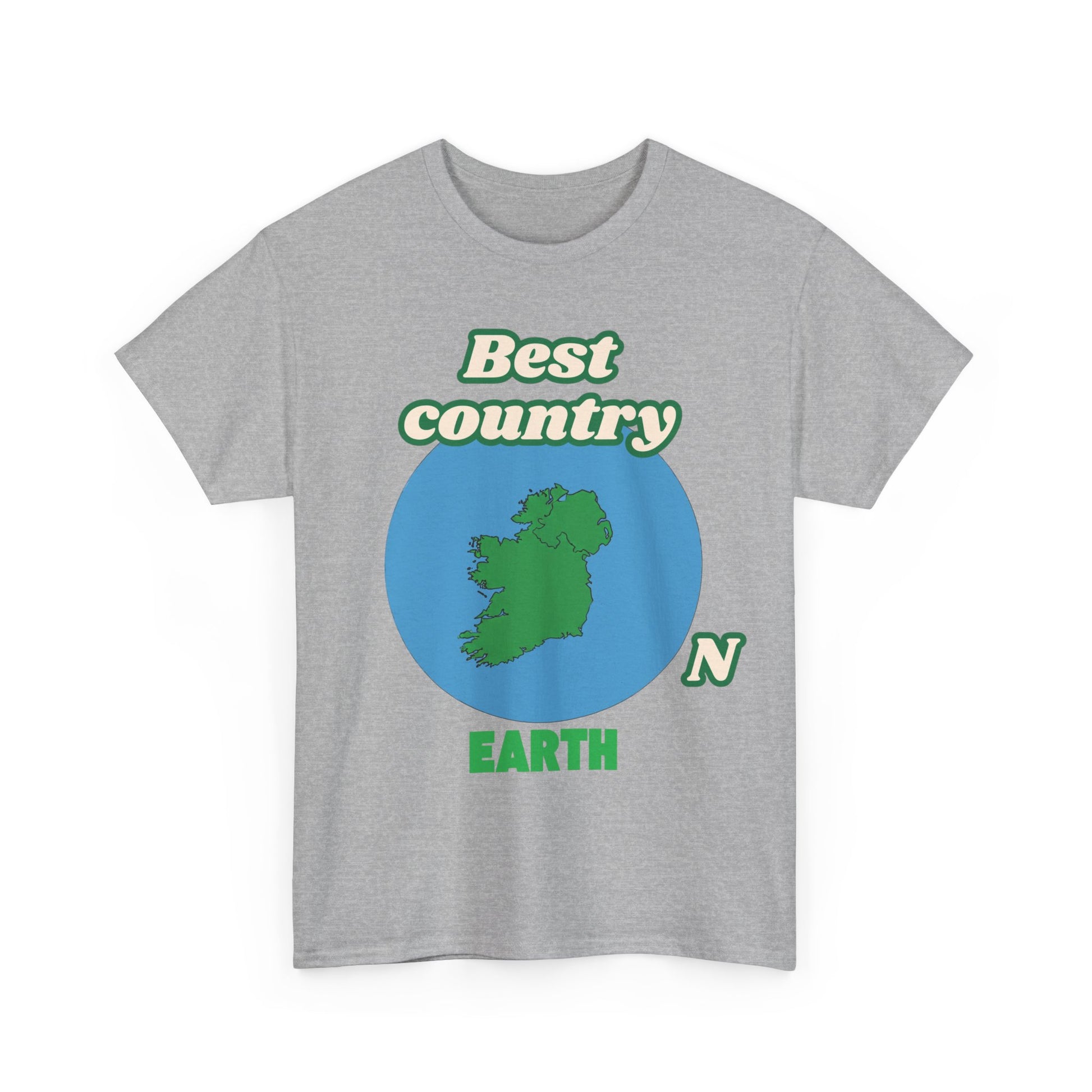 Gray t-shirt with a graphic of Ireland and text 'Best country Earth' on a white background