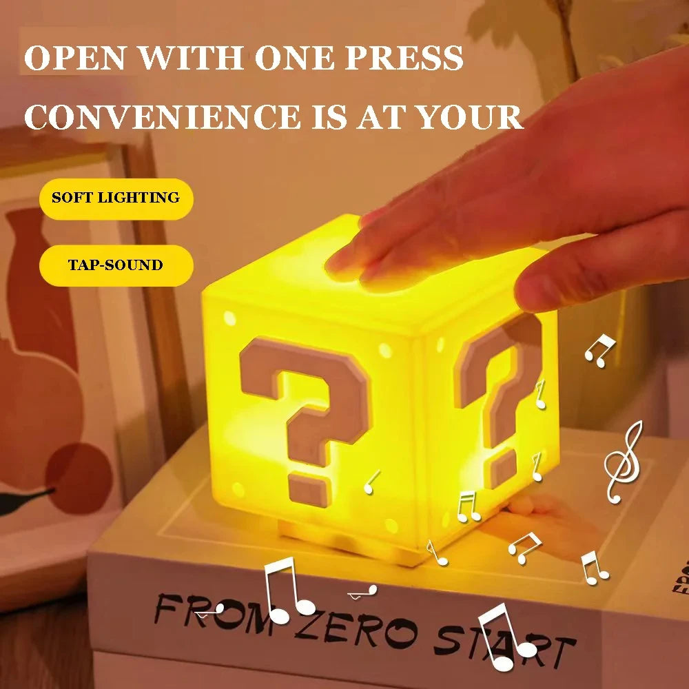 Yellow block with question marks, glowing softly, on a wooden surface with text about convenience and soft lighting.